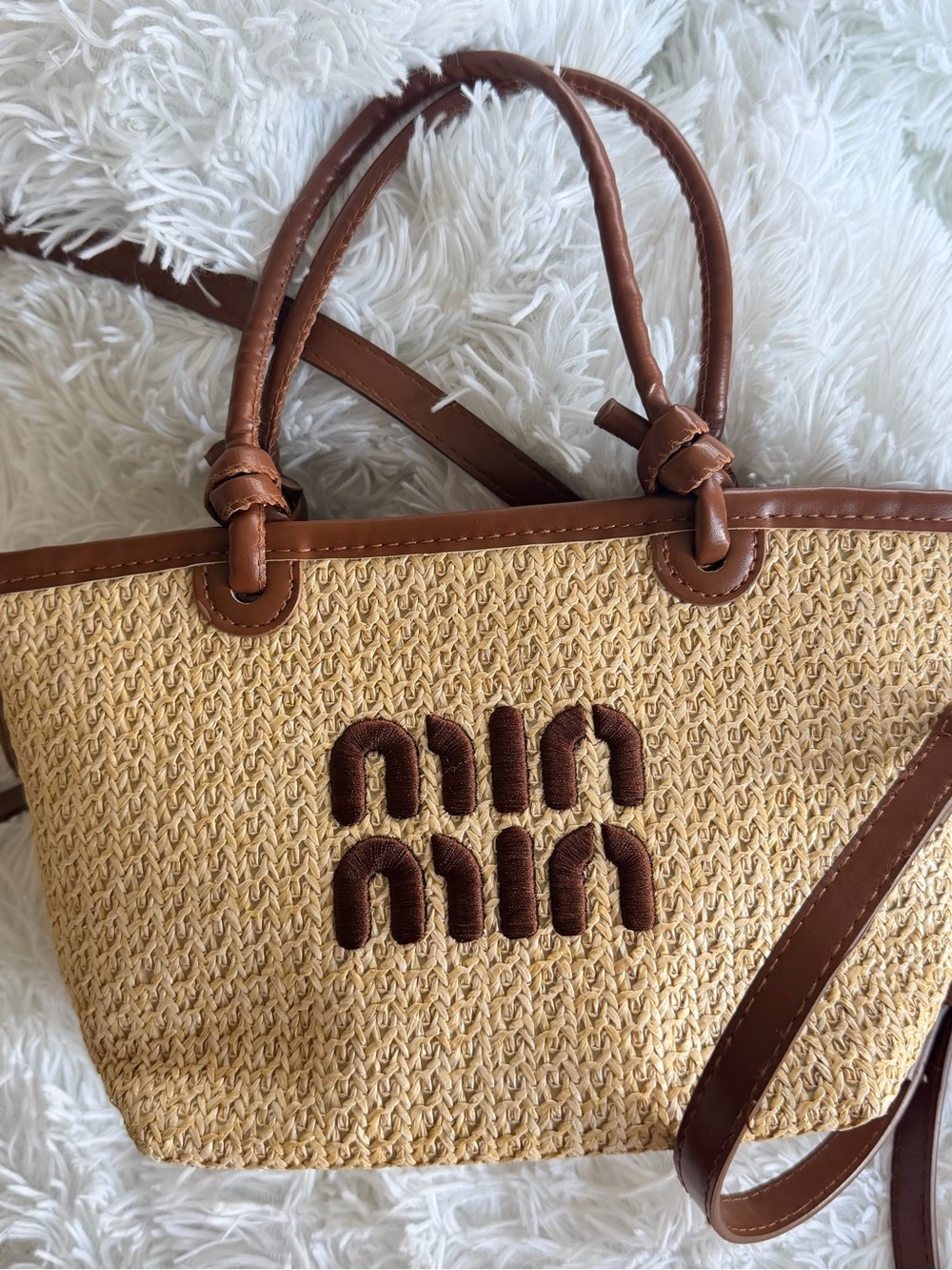 Embroidered Straw Tote with Brown Trim